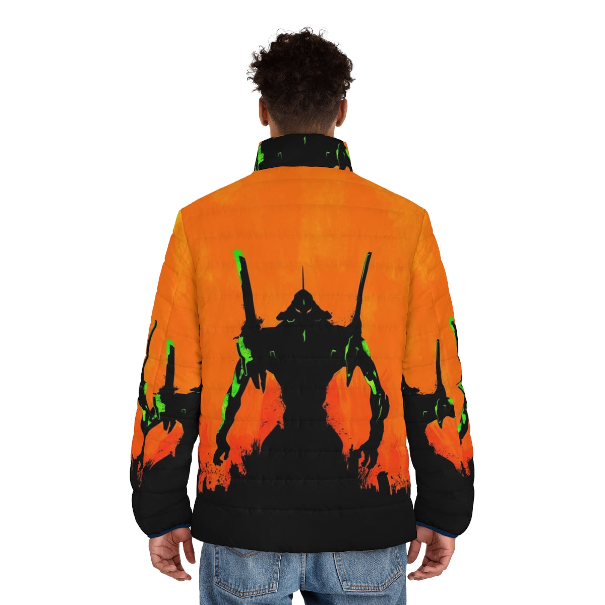 Evangelion puffer jacket with minimalist anime design - men back