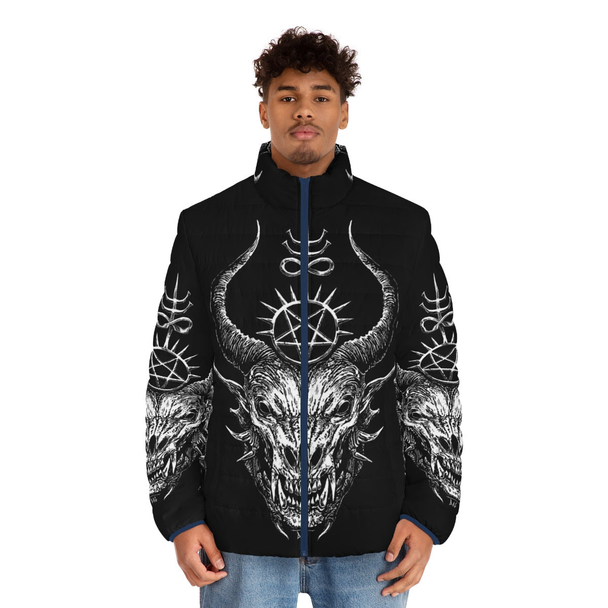 Dark puffer jacket with satanic and demonic design - men front