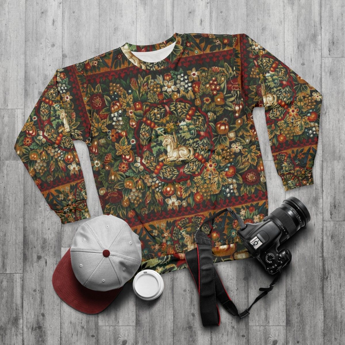 Medieval Unicorn Floral Tapestry Sweatshirt - flat lay