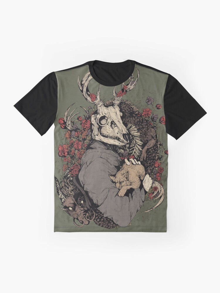 Vintage-inspired graphic t-shirt featuring a dragon, fantasy elements, and a gothic design - Flat lay