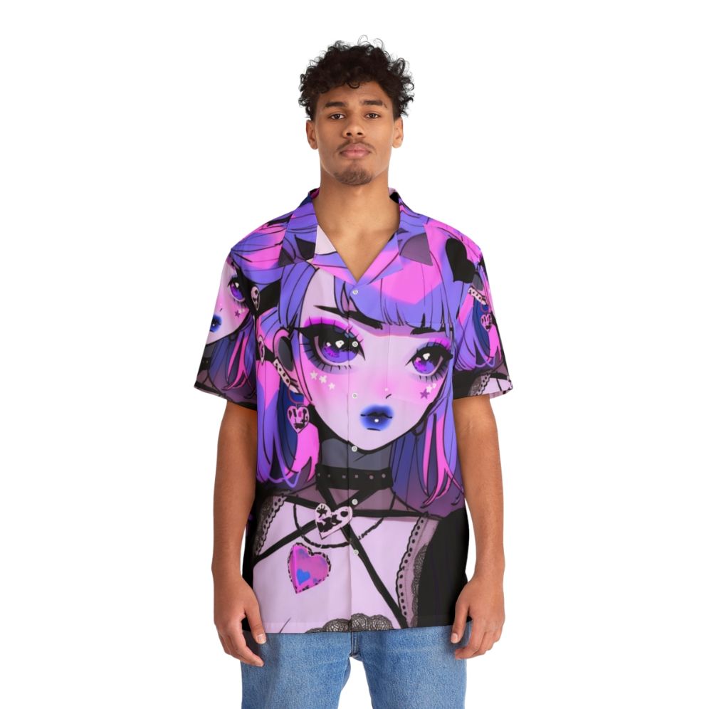 Kawaii anime goth Hawaiian shirt with pink, purple, and black colors - People Front