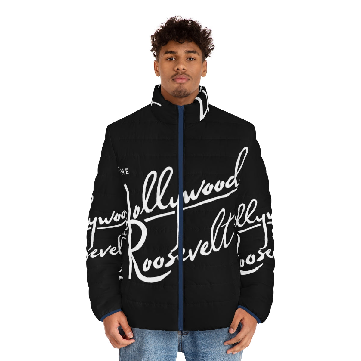 Stylish puffer jacket featuring the Hollywood Roosevelt design - men front