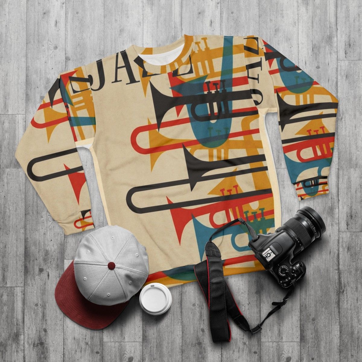 Vintage jazz sweatshirt with saxophone and trumpet design - flat lay