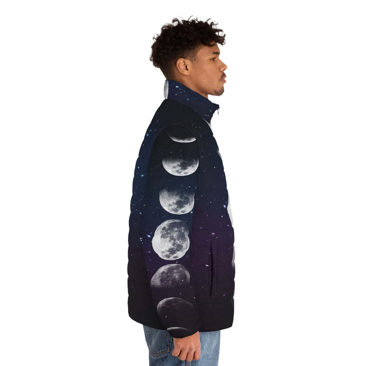 Phases of the Moon Puffer Jacket - Watercolor Galaxy Print Outerwear - men side right