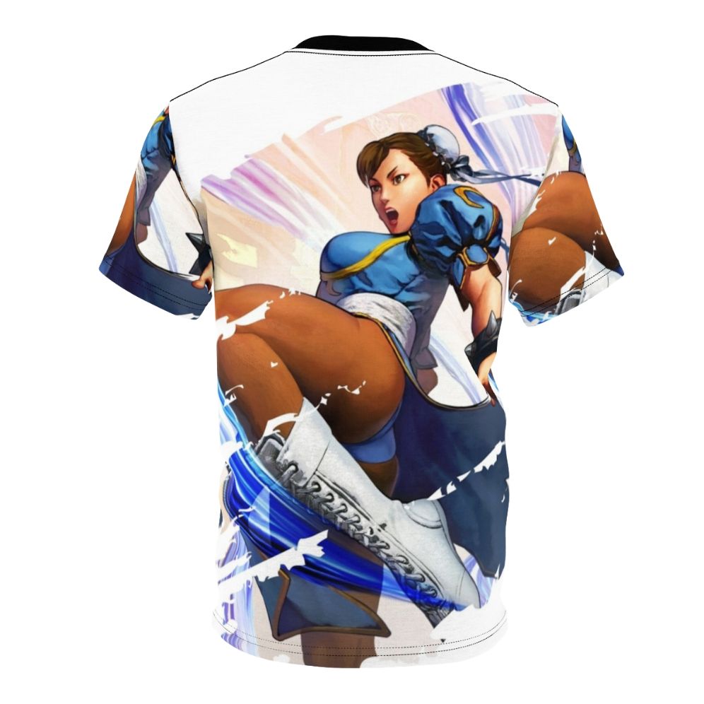 Artwork of the iconic Chun Li character from fighting games on a t-shirt - Back