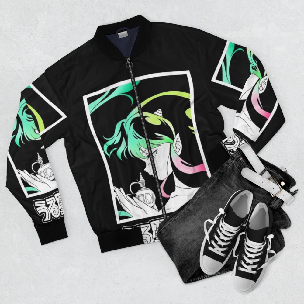 Retro anime inspired URUSEI YATSURA bomber jacket with Lamu and Rumiko Takahashi characters - Flat lay