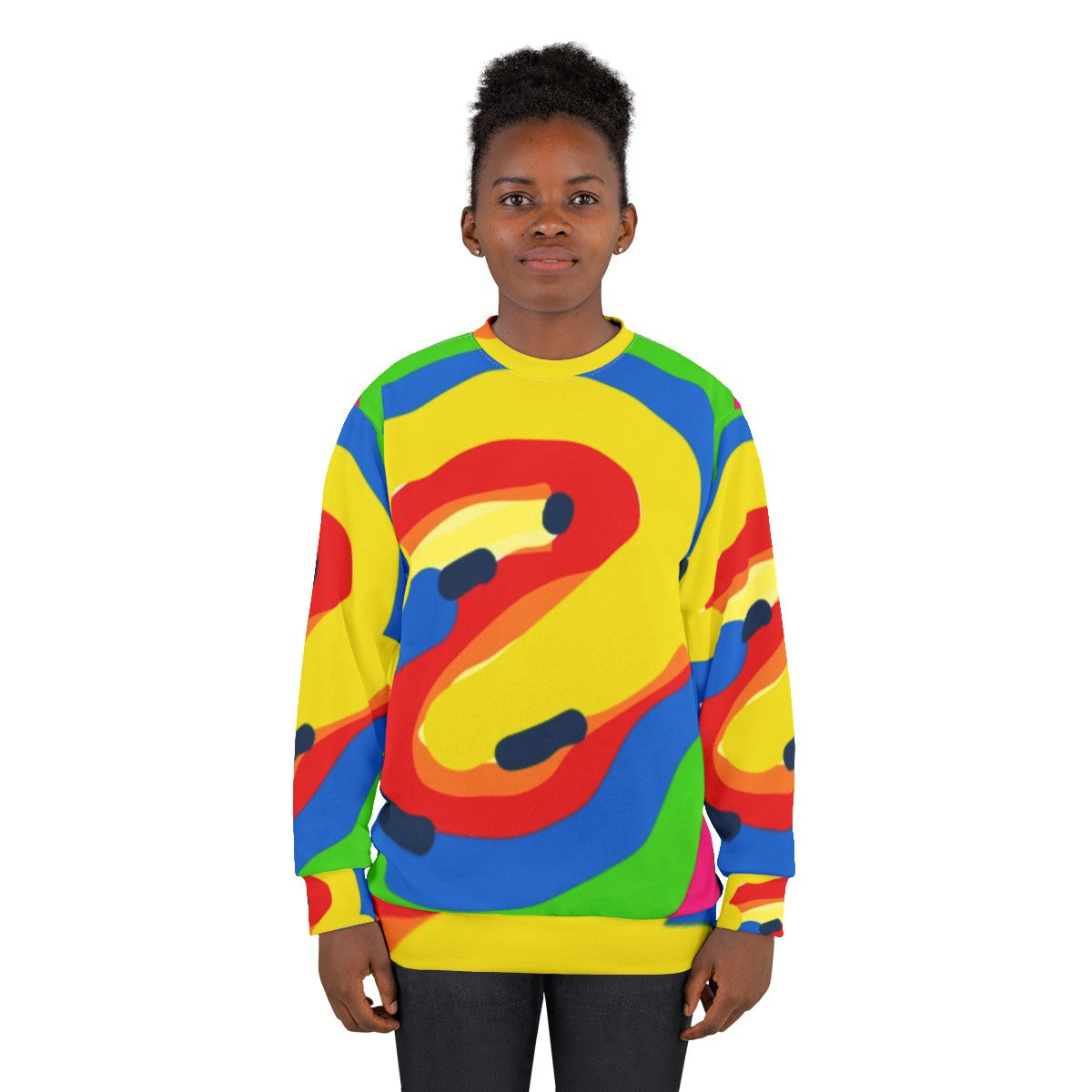 Colorful graphic sweatshirt with various patterns and designs - women