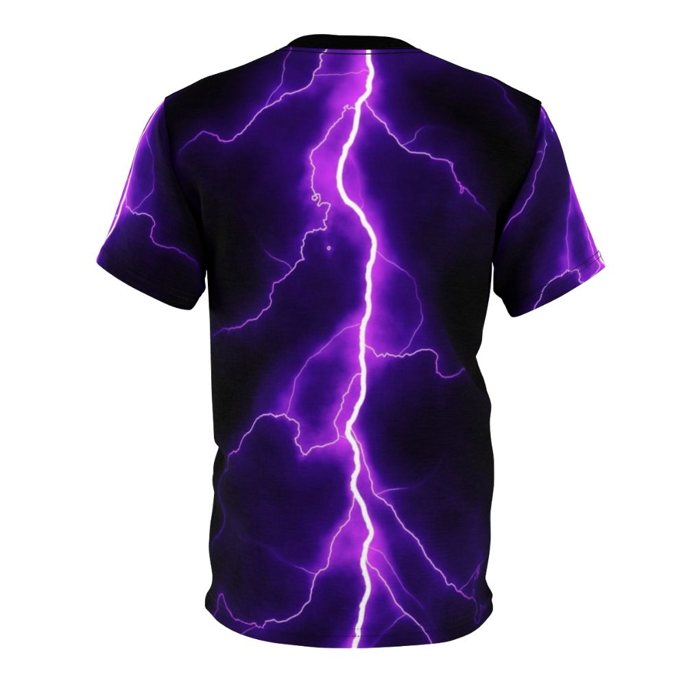 Person wearing a purple t-shirt with a striking lightning bolt design - Back