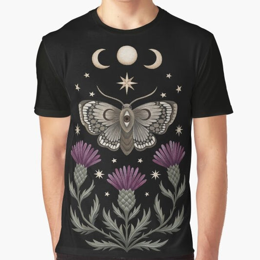 Graphic t-shirt design featuring a moth, thistle, and crescent moon with a witchy, nature-inspired aesthetic.