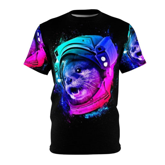 An all-over print t-shirt featuring a playful sea otter in a spacesuit, surrounded by a galaxy of stars and rainbows.