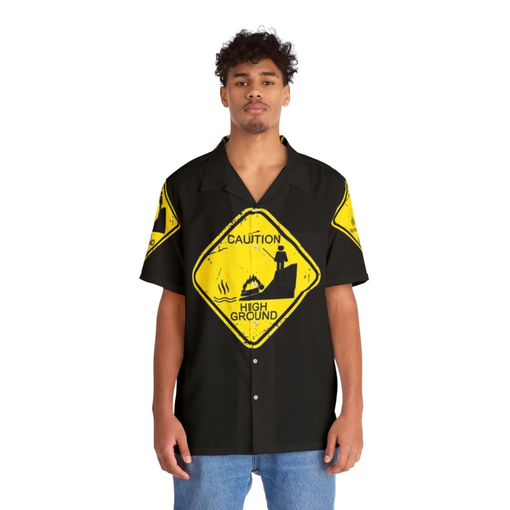 Caution High Ground Hawaiian Shirt with Stick Figure Design - People Front