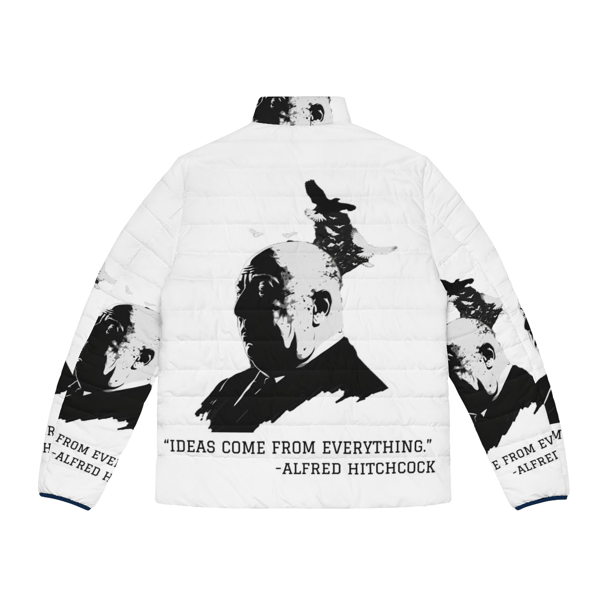 Alfred Hitchcock inspired puffer jacket with iconic illustration graphic - Back