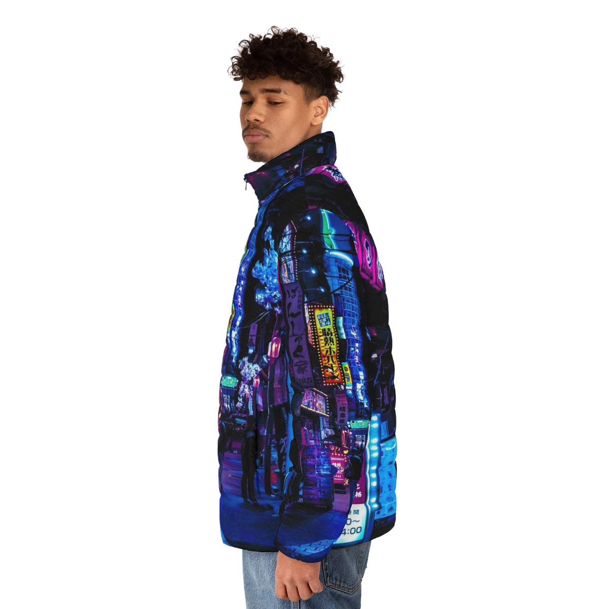 Blue puffer jacket with neon Tokyo alley print, futuristic urban fashion - men side left