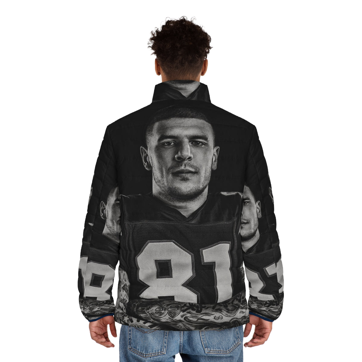 Aaron Hernandez NFL Puffer Jacket with football design - men back