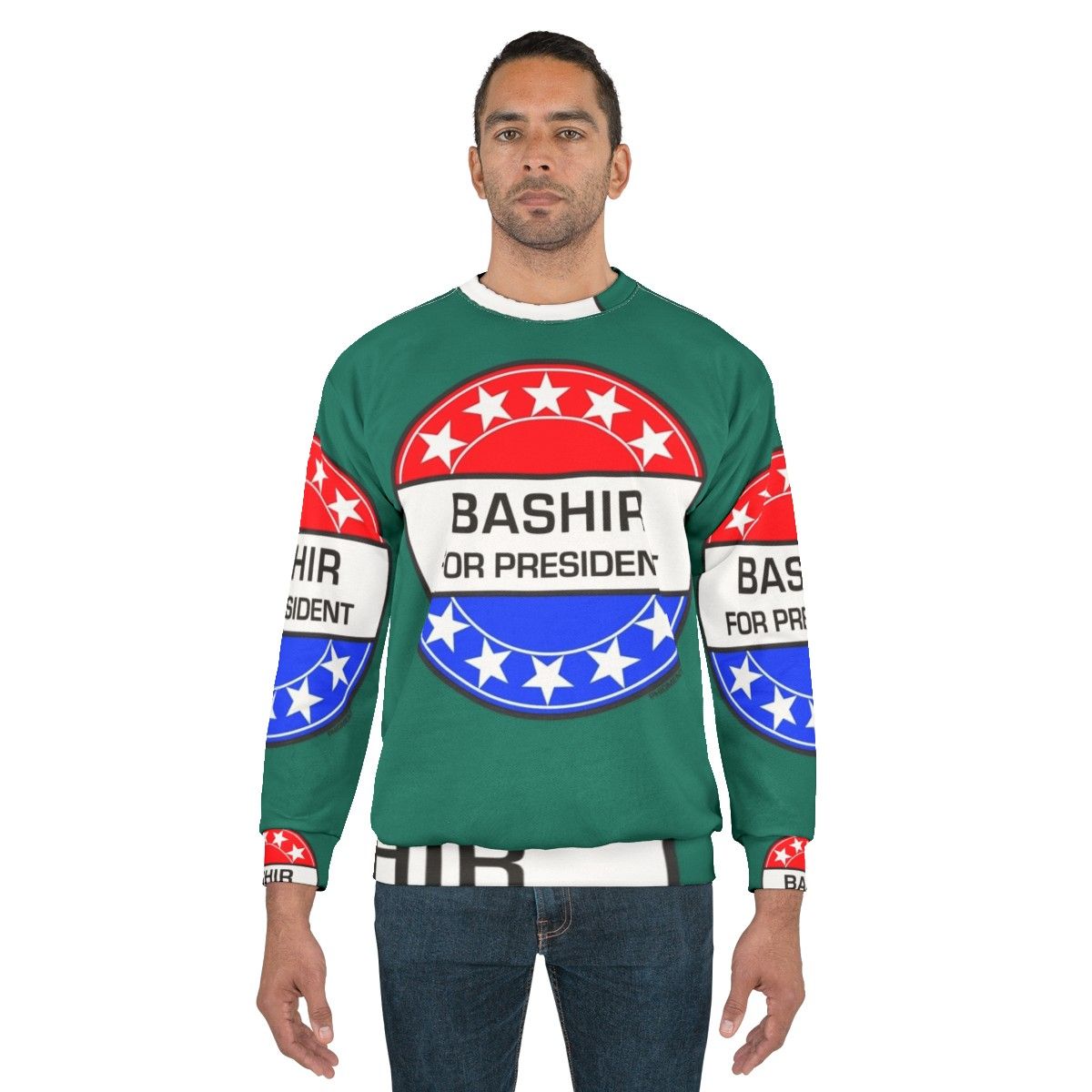 "Bashir For President" sci-fi sweatshirt featuring retro Star Trek pop art design - men