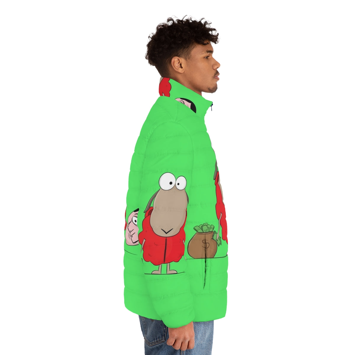 A cozy puffer jacket featuring a cute cartoon sheep design inspired by the popular Netflix series Money Heist. - men side right