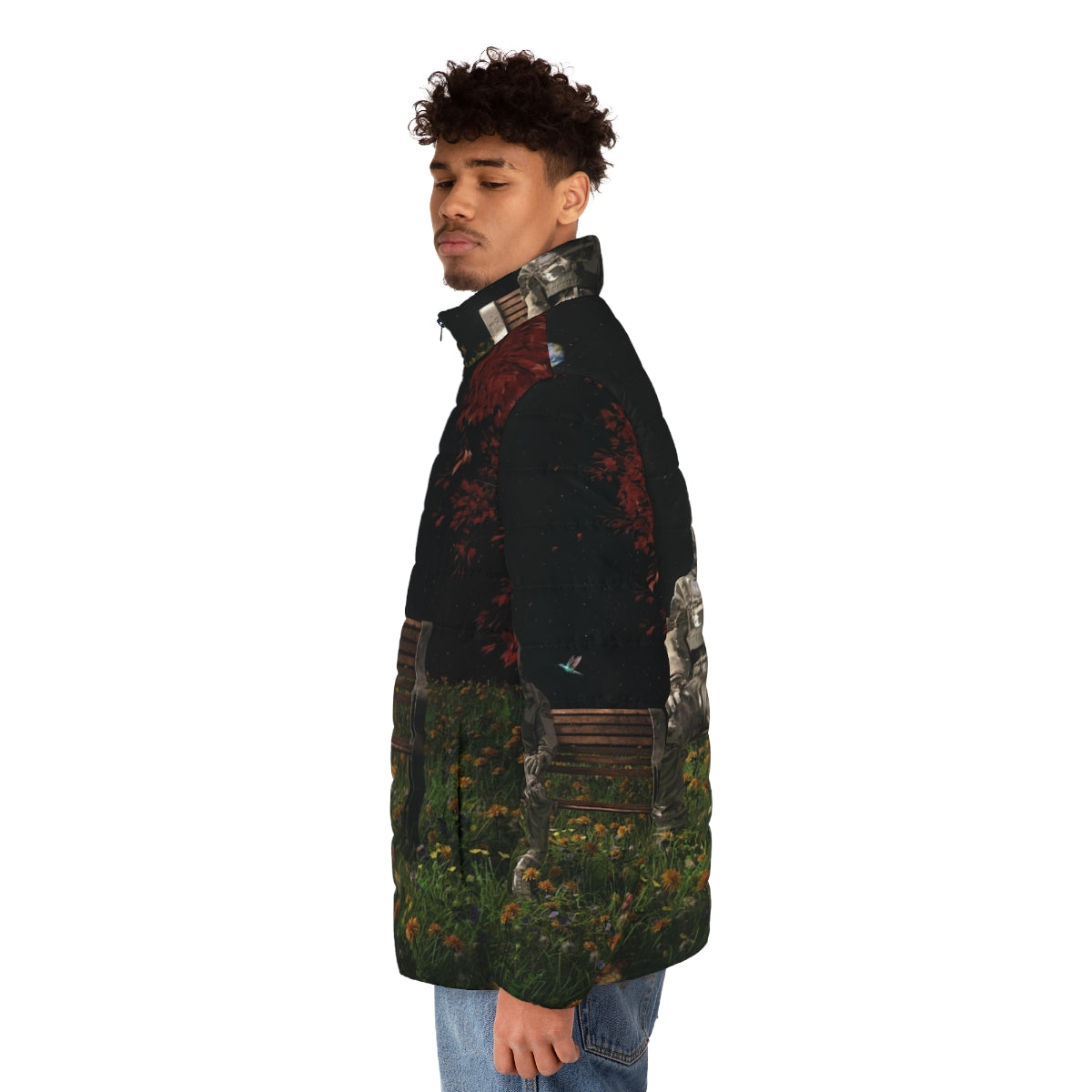 Interlude cosmic puffer jacket with surreal space and nature imagery - men side left