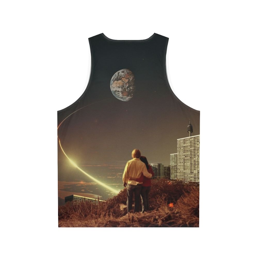 Surreal unisex tank top featuring a couple in a retro-futuristic urban landscape - Back