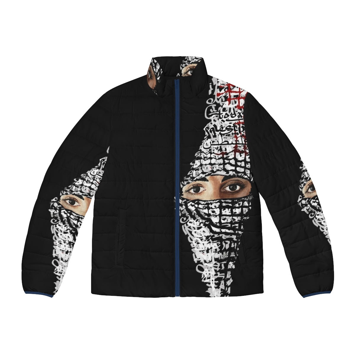 Palestinian puffer jacket with focus on conflict, human rights, and activism