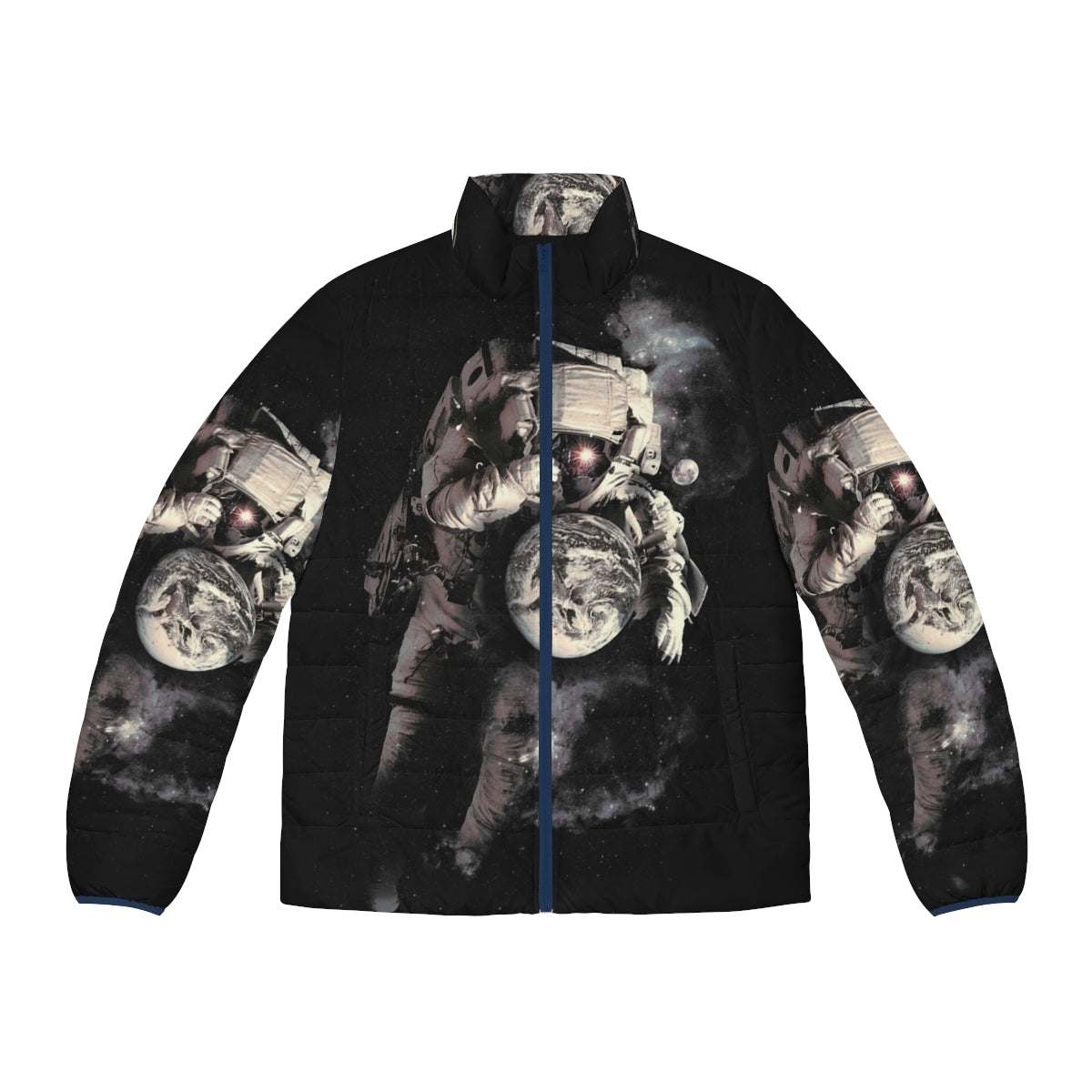 Puffer jacket with cosmic, galaxy, and space-themed design