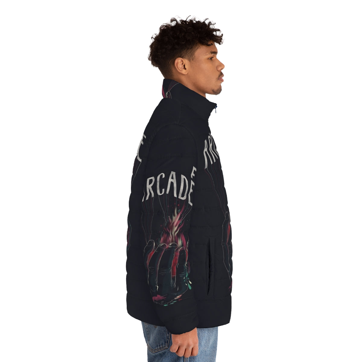 Arcade Fire Hand Puffer Jacket featuring alternative and indie design - men side right