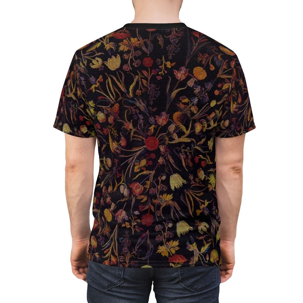 Enchanted midnight botanical floral print on a T-shirt - men back