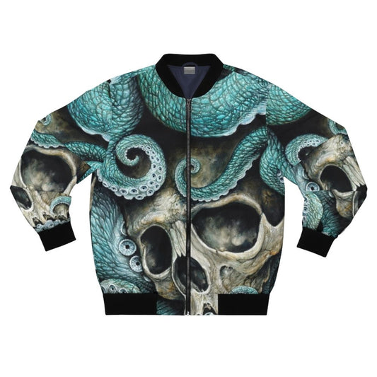 Bomber jacket with intricate oil painting design featuring skulls, octopus, and metro scene