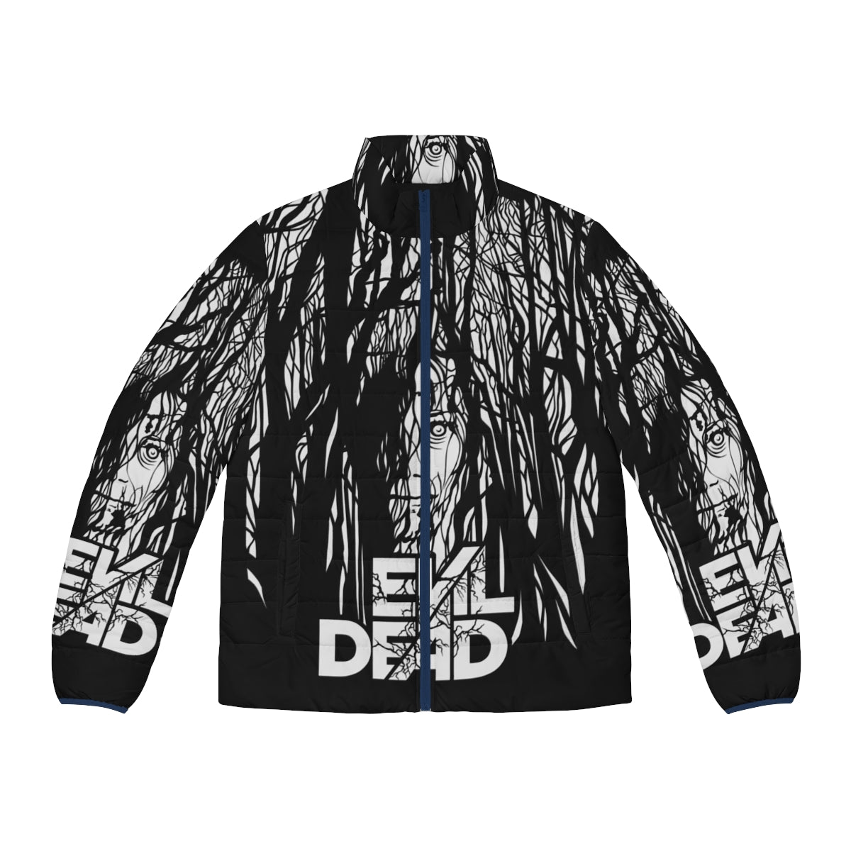 Evil Dead-inspired puffer jacket with gothic and horror-themed design