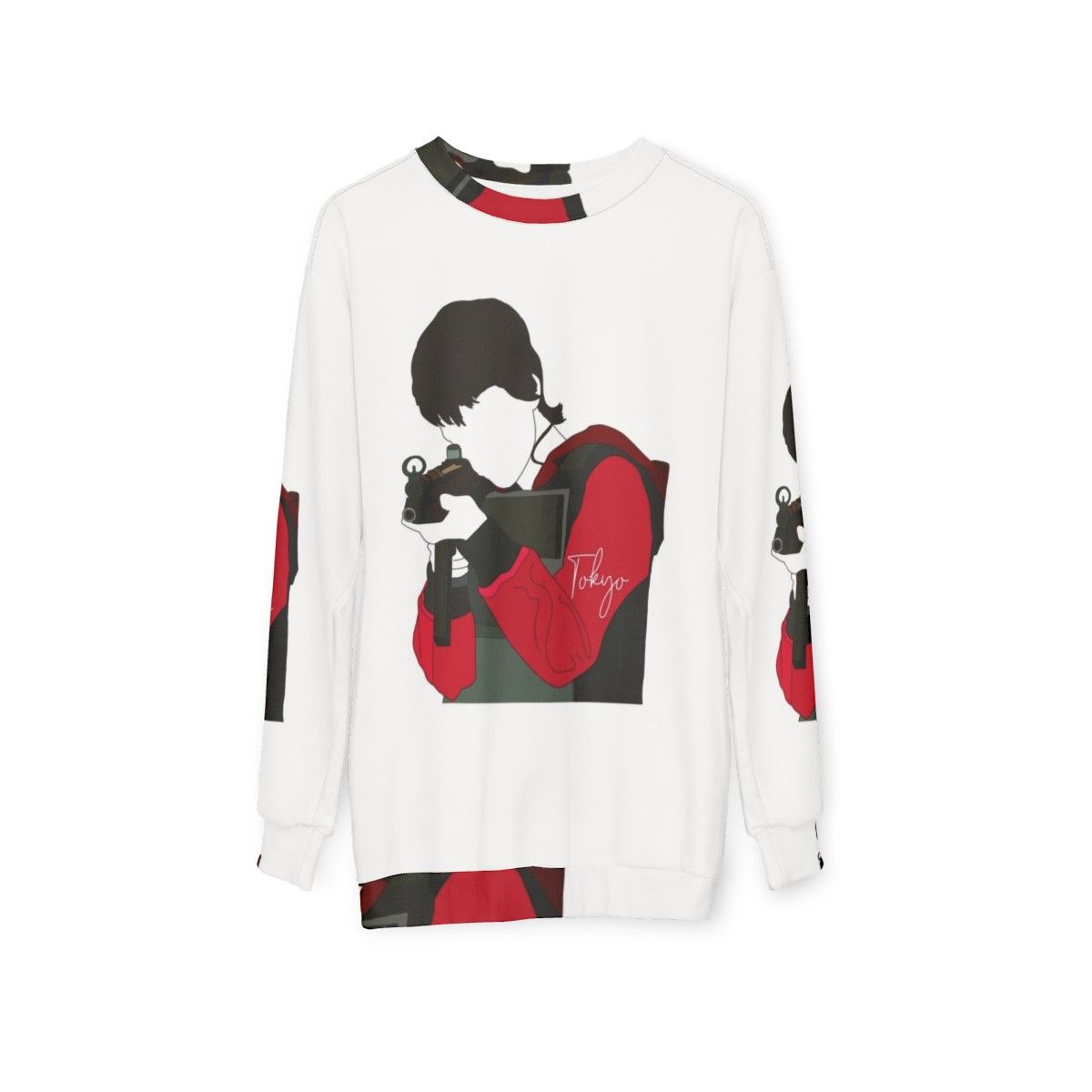 Money Heist Tokyo Sweatshirt featuring key characters from the Netflix series - hanging