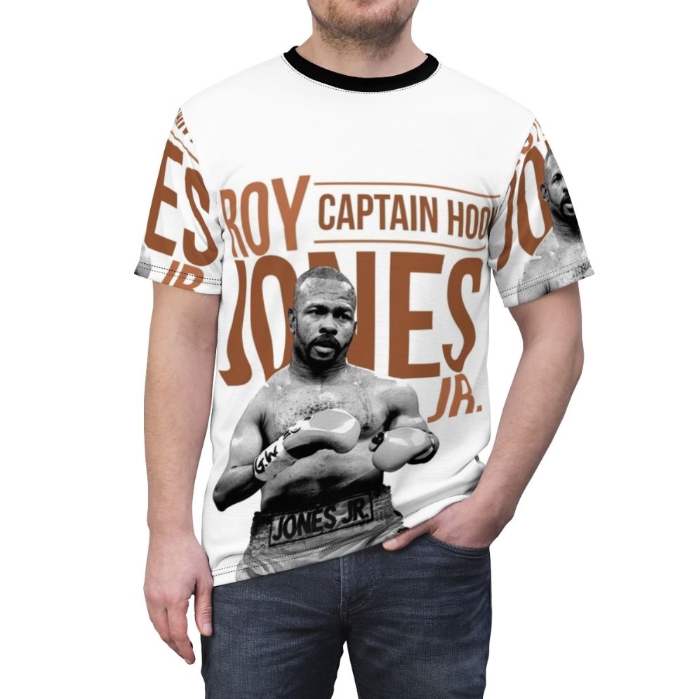 Heavyweight boxing inspired graphic t-shirt featuring a black and white portrait of legendary boxer Roy Jones Jr. - men front