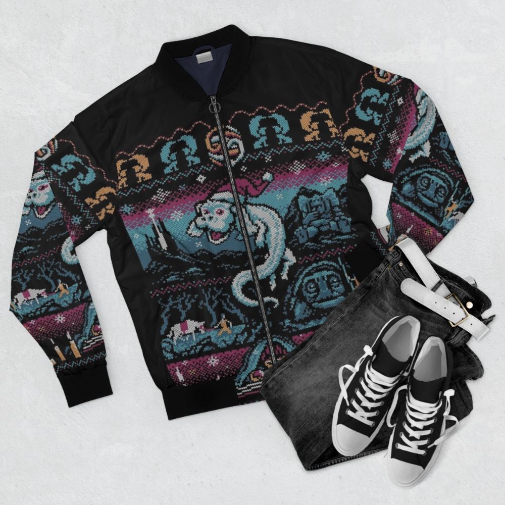 Neverending Story Fantasy Christmas Bomber Jacket featuring Falcor and Atreyu - Flat lay