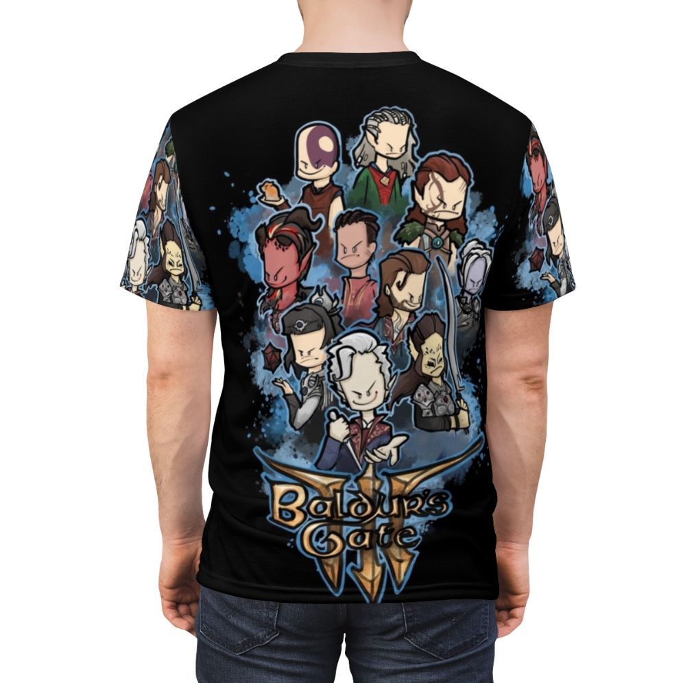 Adventuring Party AOP T-shirt featuring characters from the Baldur's Gate franchise - men back