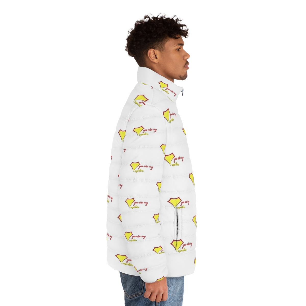 "You Are My Superhero" puffer jacket with inspirational superhero design - men side right