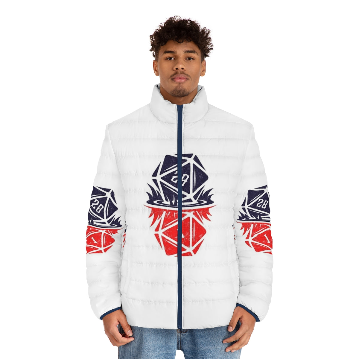 Stranger Things Upside Down D20 Puffer Jacket with Retro Gaming Dice Design - men front