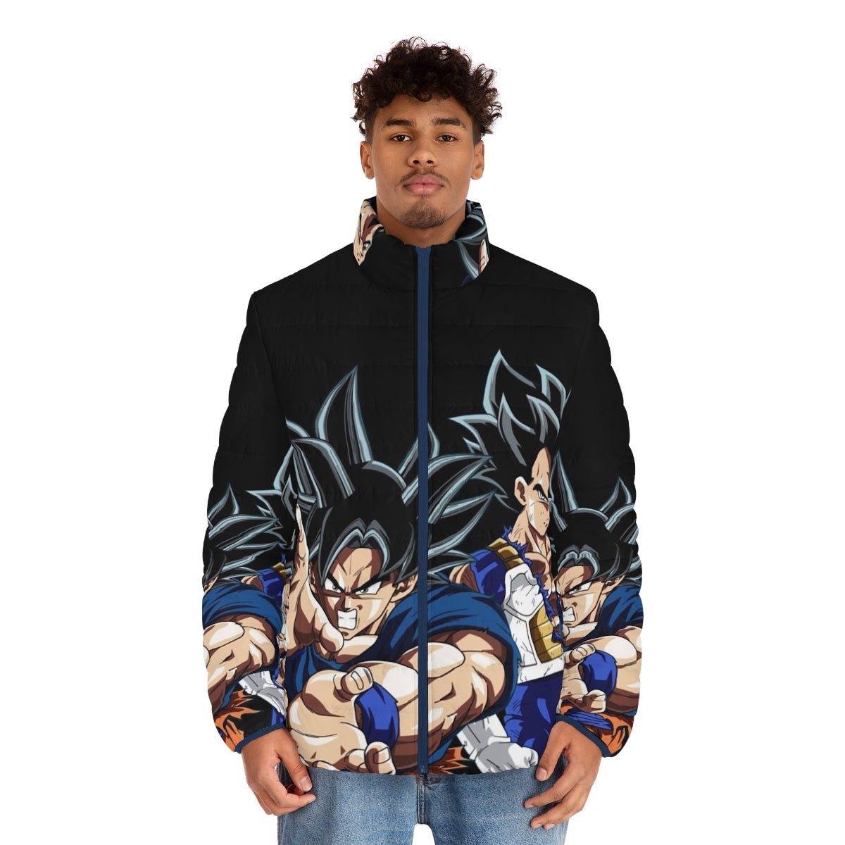 Goku The Strongest Saiyan Puffer Jacket featuring the iconic Dragon Ball Super anime character - men front