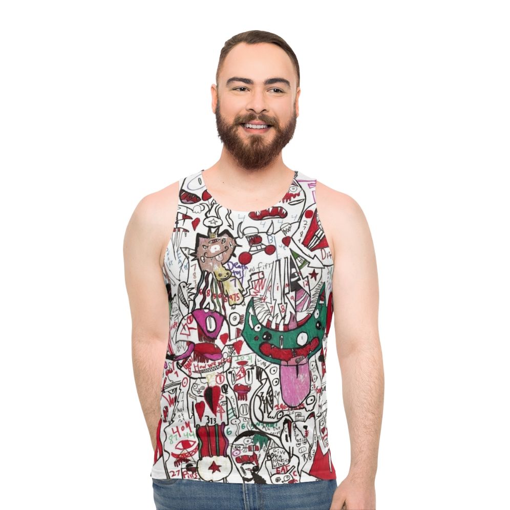 Psychedelic unisex tank top with morph, anime, and funky art design - men