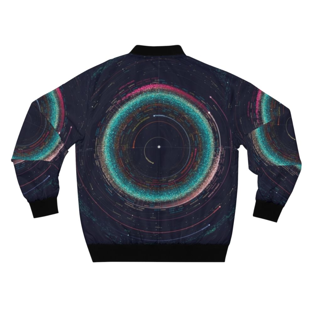 Asteroid Map of the Solar System Bomber Jacket featuring an infographic design of the asteroids and planets in the solar system. - Back