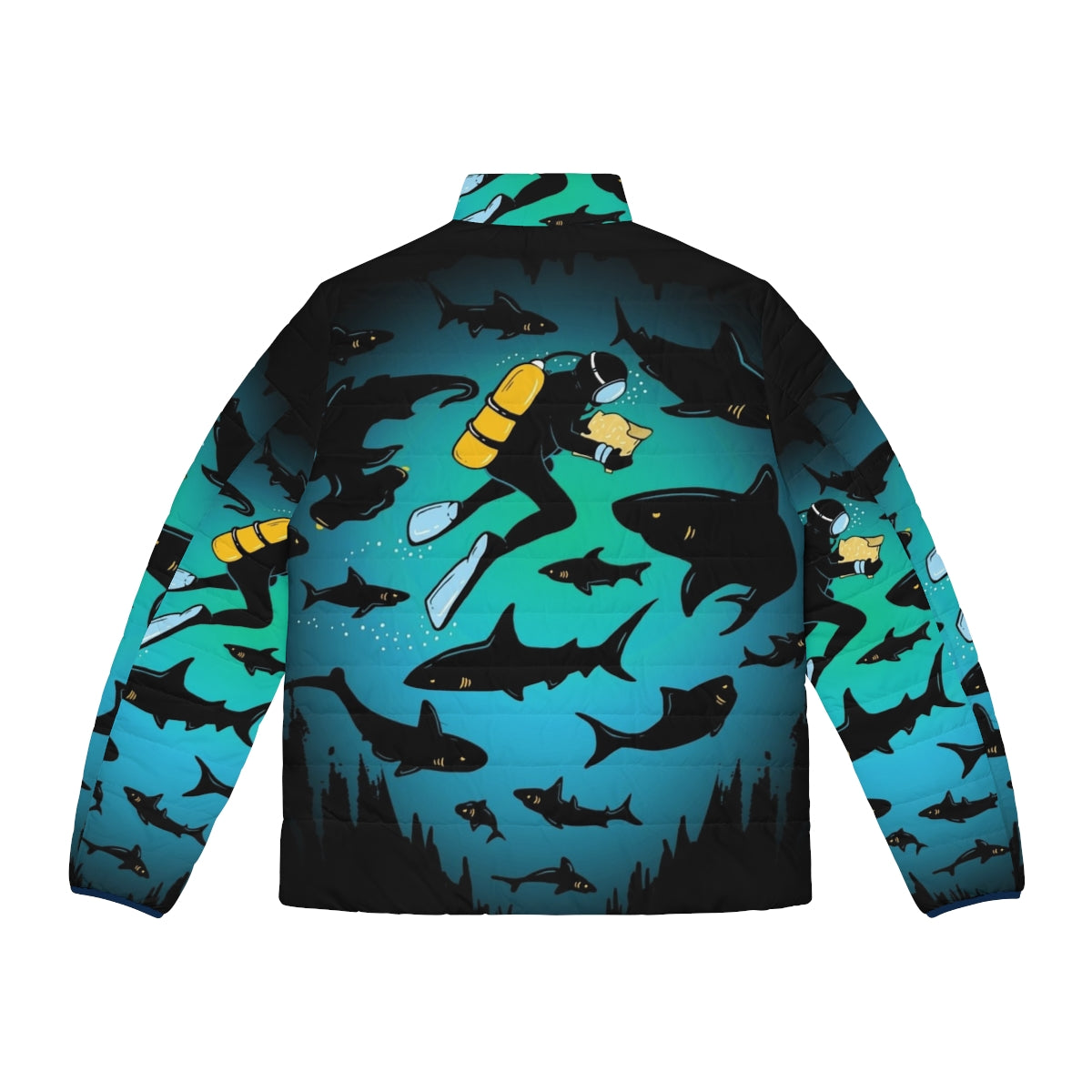 Puffer jacket with a screwed funny shark and diver illustration - Back