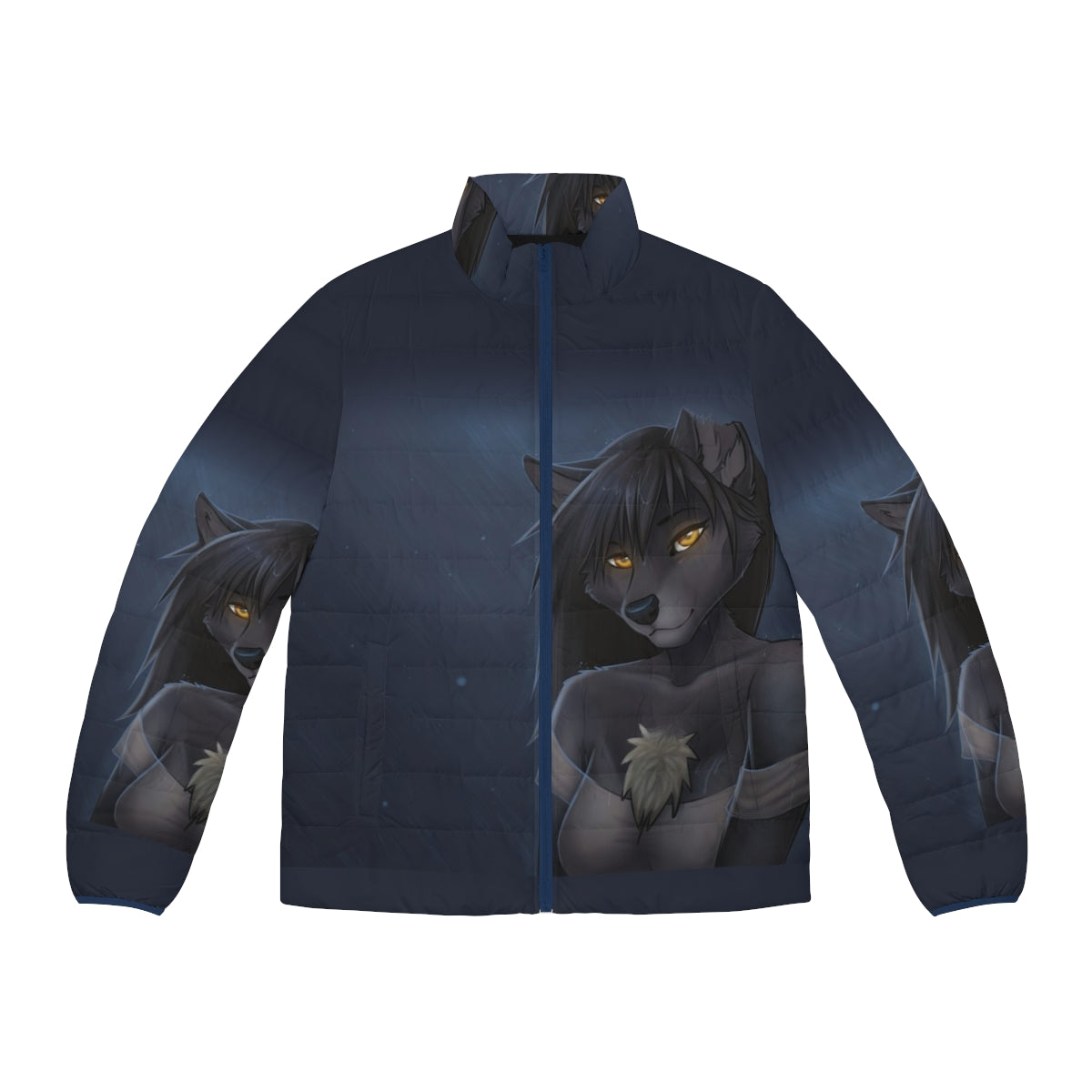 Furry wyla wolf anthro wearing a puffer jacket in a stormy summer scene