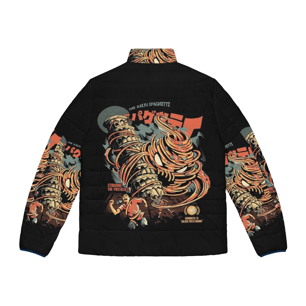 Kaiju Spaghetti Black Puffer Jacket, a retro inspired Japanese monster fashion design - Back