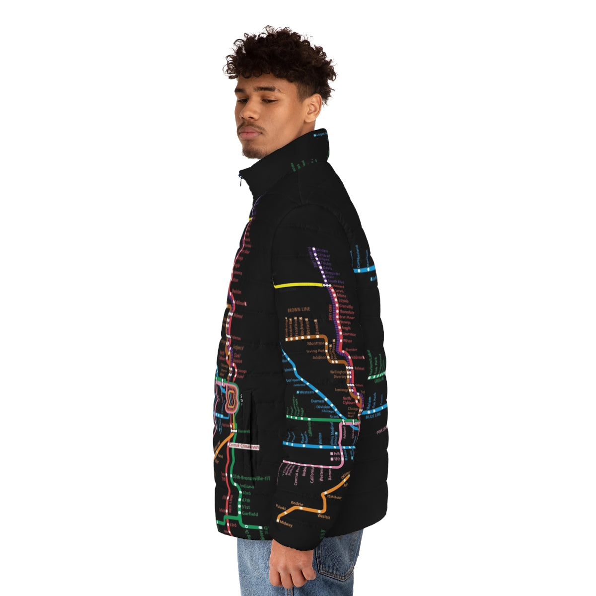 Puffer jacket featuring a Chicago CTA trains transit map design - men side left