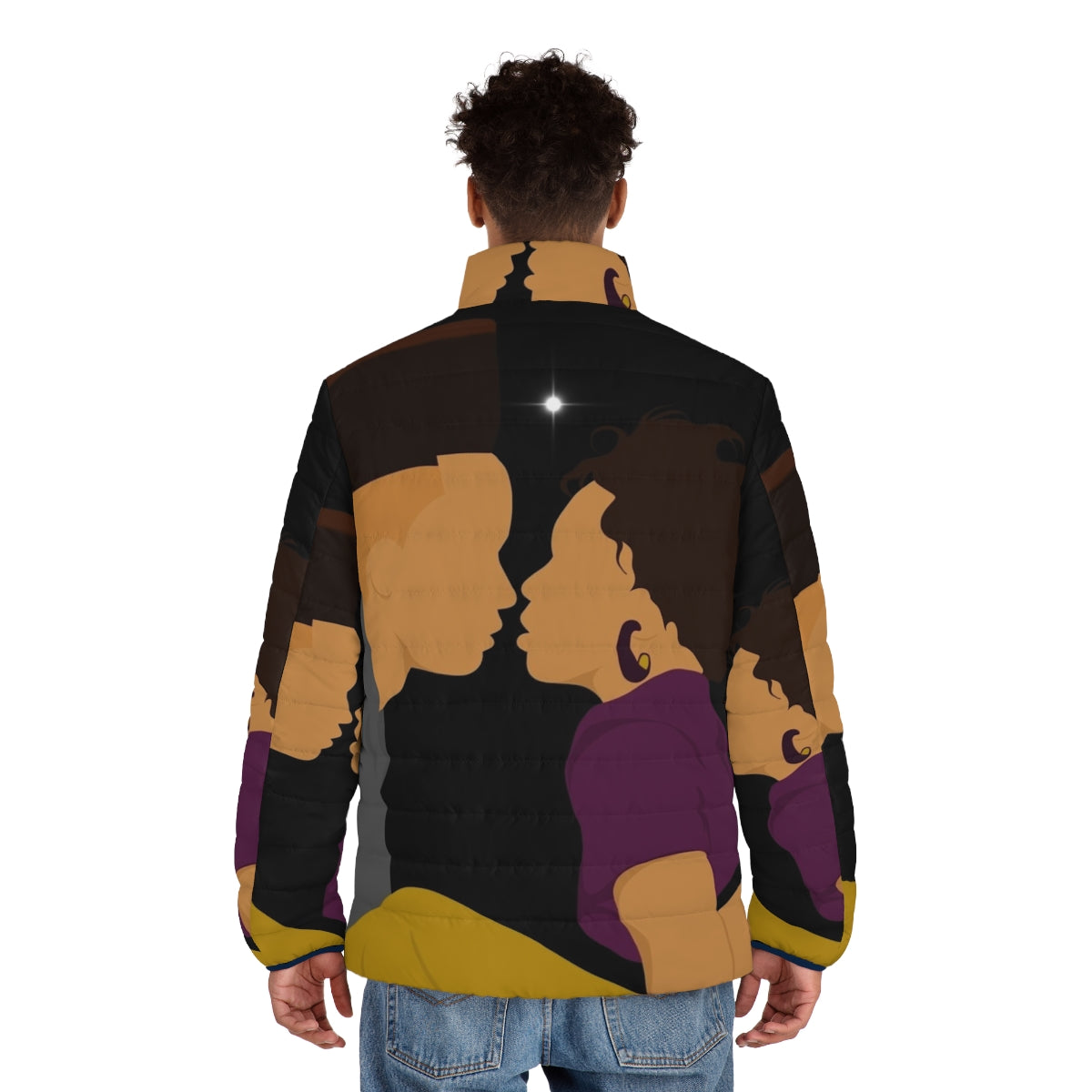 Kid wearing a colorful puffer jacket inspired by 90s black culture and movies - men back