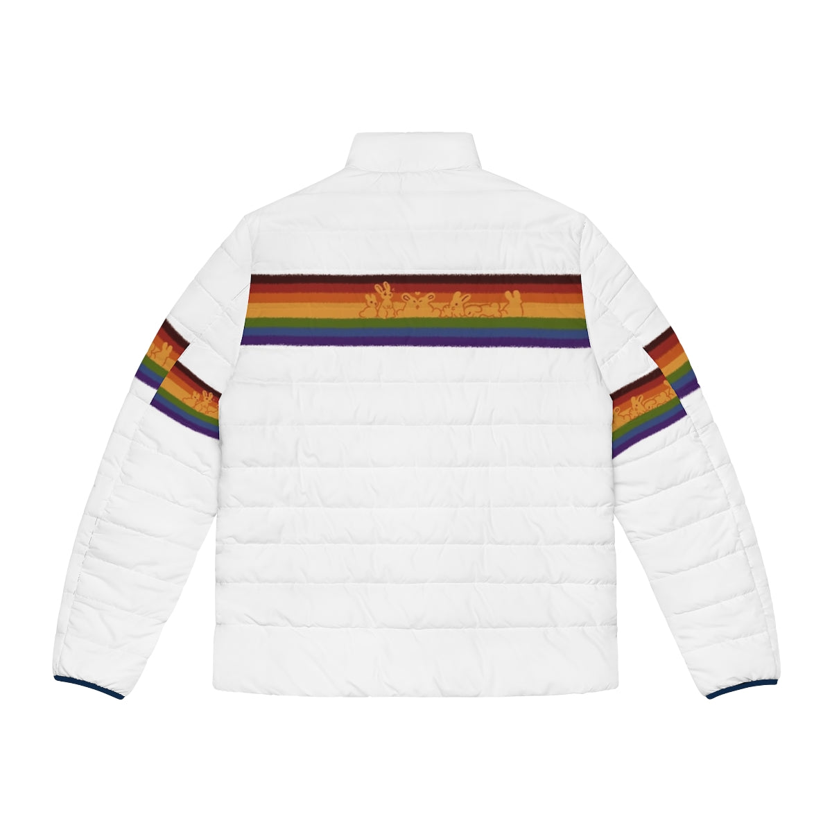 A colorful puffer jacket featuring a design of cute rabbits in rainbow pride colors - Back