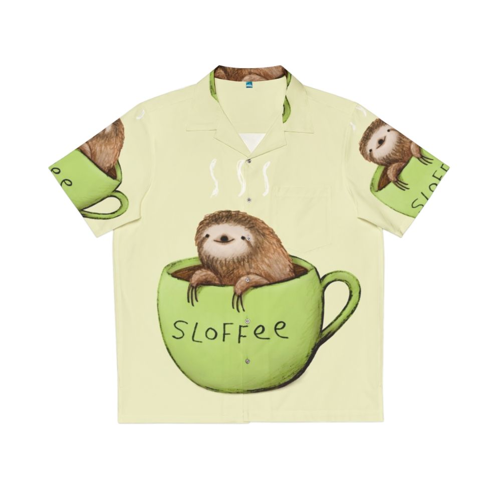 Sloffee Hawaiian Shirt with Cute Sloth and Coffee Cup Design