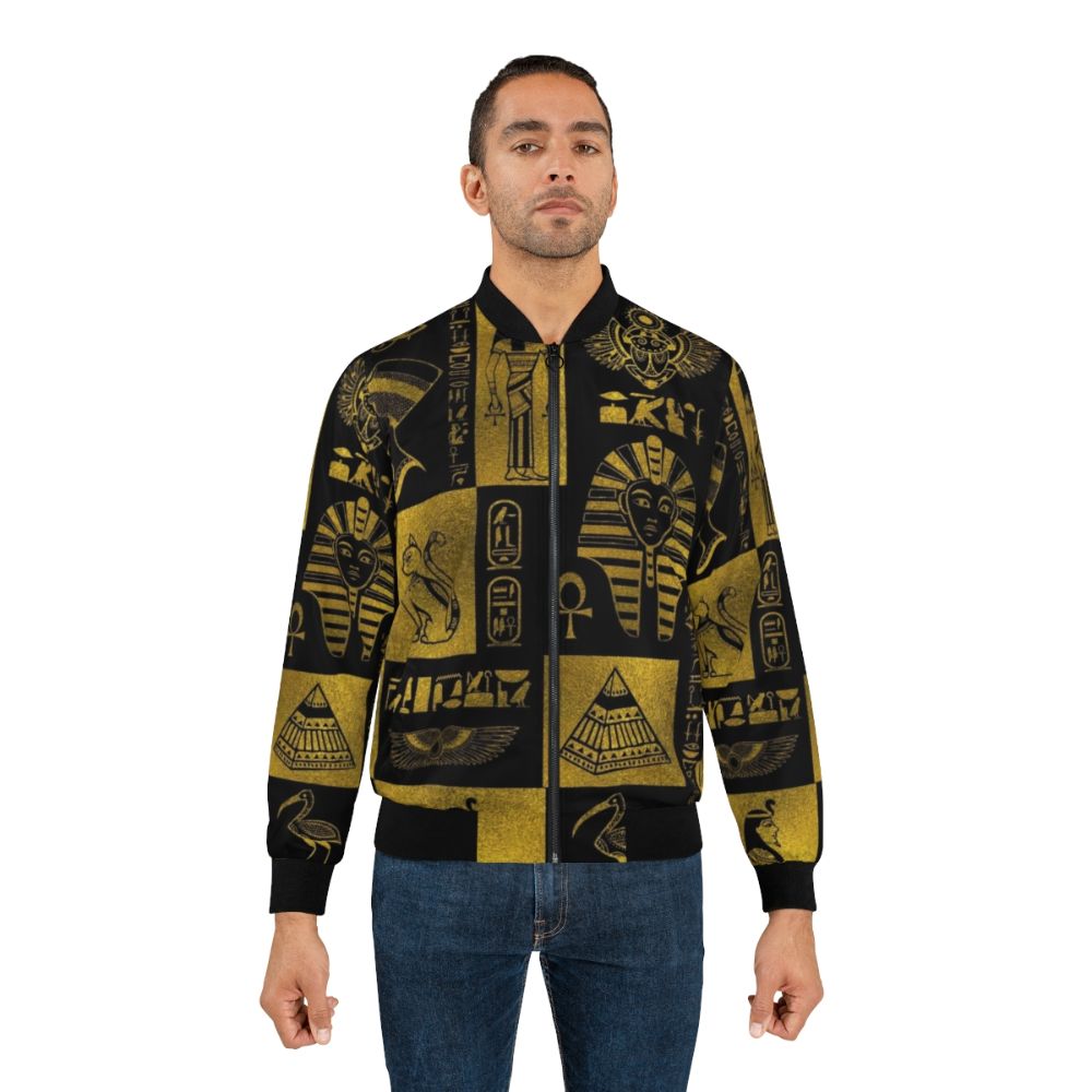 Ancient Egyptian Gold Hieroglyphic Bomber Jacket with Symbolic Designs - Lifestyle