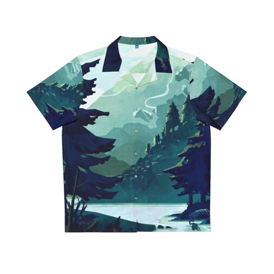 Canadian mountain landscape Hawaiian shirt with blue, green, and rocky mountain details