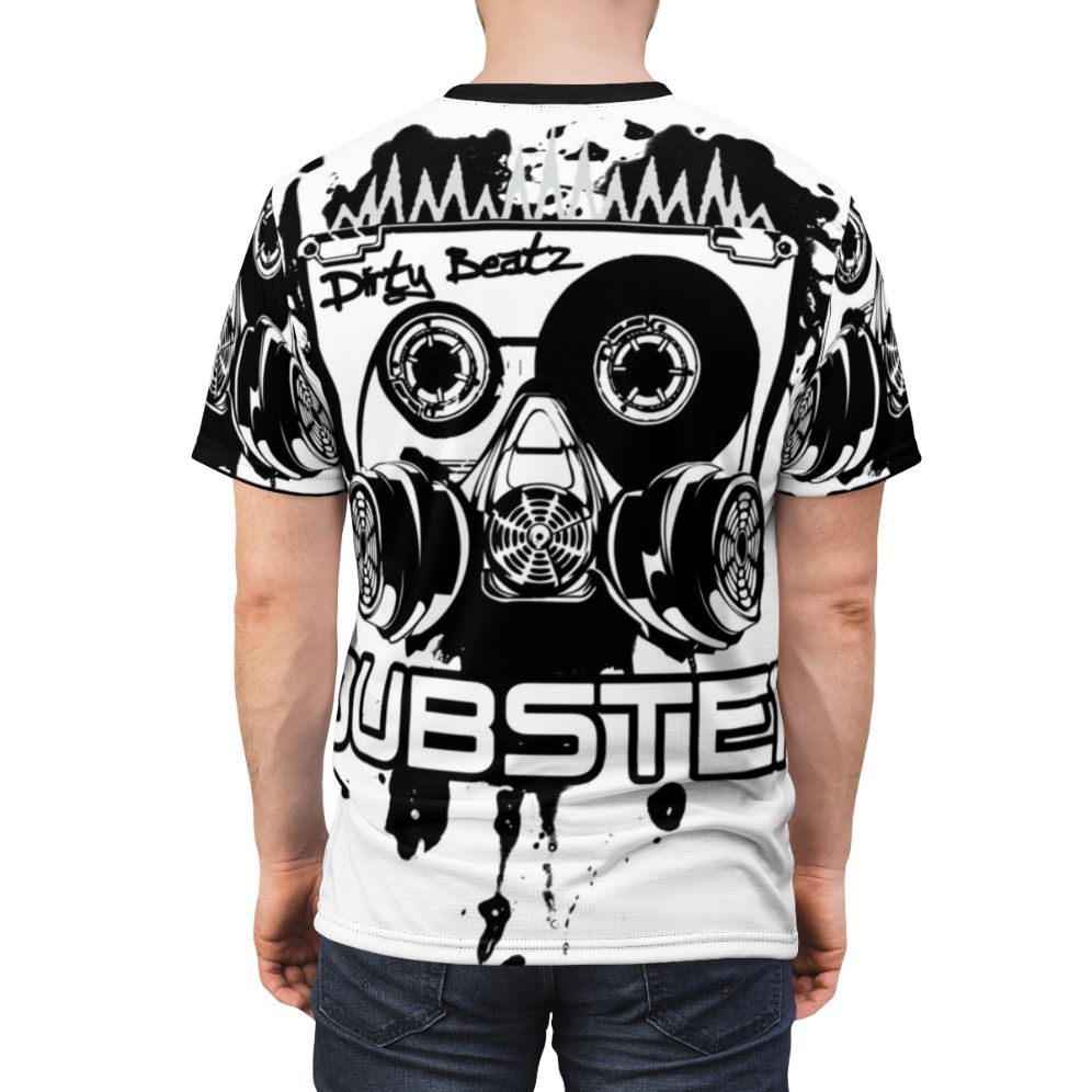 Dubstep t-shirt with vibrant graphic of cassette tape, music notes, and electronic beats - men back