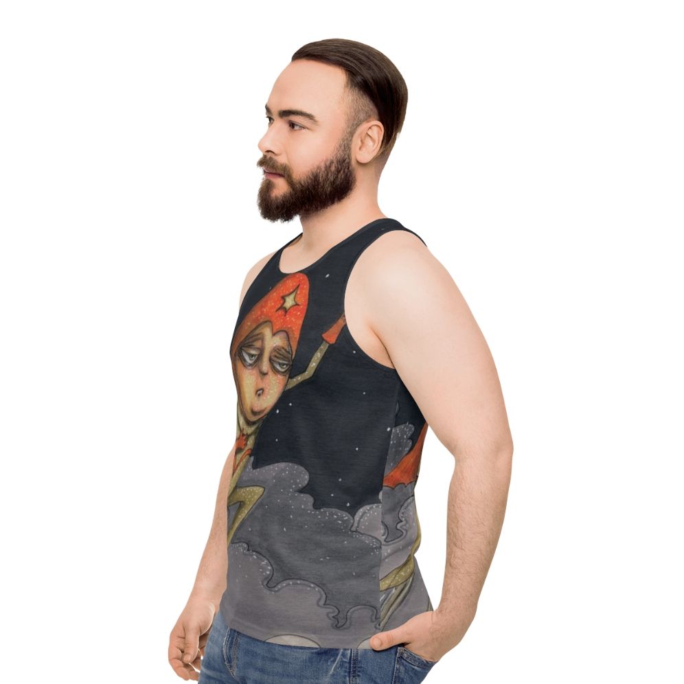 Captain Enthusiasm unisex tank top with a hand-drawn superhero design - men side