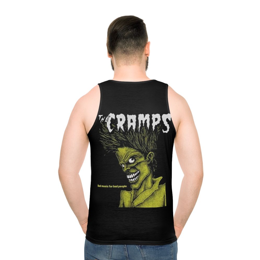 Edgy unisex tank top with retro graphic design - men back