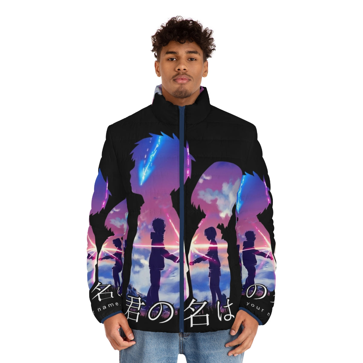 Your Name anime puffer jacket featuring characters Mitsuha and Taki - men front